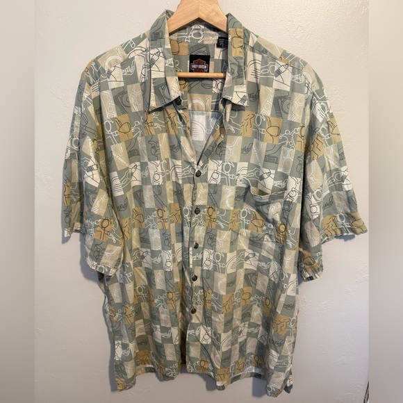 Vintage Harley Davidson Hawaiian Shirt All Over Print Men's 2XL Green/Tan Check - Picture 2 of 12